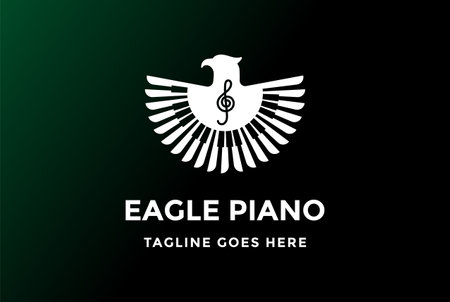 Spread Wings Eagle Hawk with Piano for Music Instrument Logo Design Vectorのイラスト素材