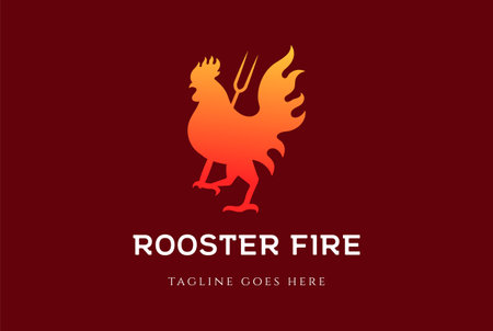 Red Rooster Cook Chicken Fire Flame for Meat Grill BBQ Restaurant Logo Design Vectorのイラスト素材