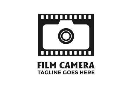 Retro Vintage Negative Film Strip Reel with Camera for Movie Cinema Photography Logo Design Vectorのイラスト素材