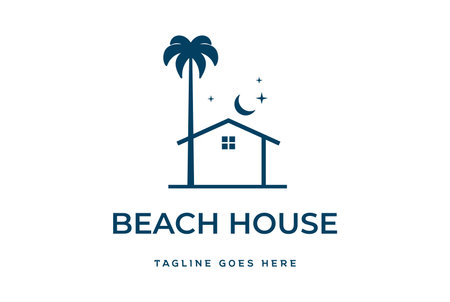 Simple Minimalist Beach Palm Coconut Tree with Cabin Cottage Villa Inn House Logo Designのイラスト素材