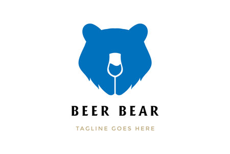 Blue Bear Head Face Silhouette with Beer Wine Liquor Glass for Bar Saloon Tavern Brewery Logo Design Vectorのイラスト素材