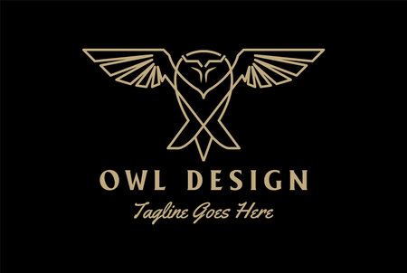Golden Geometric Flying Owl Bird Line Monogram Logo Design Vectorのイラスト素材