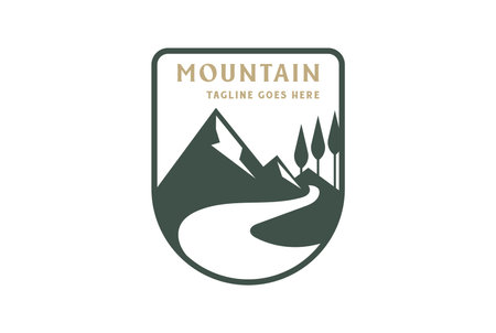 Vintage Mountain Forest with River Creek or Winding Road Street Way Badge Emblem Label Logo Design Vectorのイラスト素材