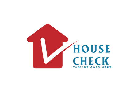 Simple Minimalist Modern Red House with Check Fix OK Symbol for Real Estate Property Logo Designのイラスト素材