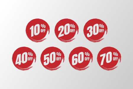 Sale tags set vector badges template with percent sale label symbols, discount promotion flat icon clearance sale sticker emblem red grunge brushのイラスト素材