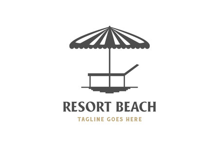 Vintage Beach Umbrella Parasol and Sun Chair on the Sand for Travel Vacation Logo Design Vectorのイラスト素材