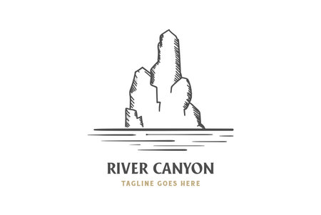 Vintage Rock Stone Canyon Cliff with River Creek Lake Logo Design Vectorのイラスト素材