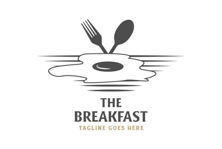 Vintage Sunny Side Up Egg and Spoon Fork with Beach for Cafe Restaurant Logo Design Vectorのイラスト素材