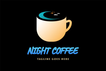 Modern Coffee Cup Mug with Night Crescent Moon and Star Cloud for Bar Cafe Restaurant Logo Design Vectorのイラスト素材