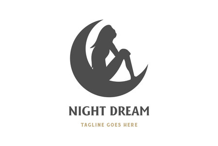 Vintage Crescent Moon with Sitting Woman Lady Girl Female for Sweet Dream Logo Design Vectorのイラスト素材