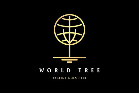 Simple Minimalist Golden World Globe Planet Tree Logo Design Vectorのイラスト素材