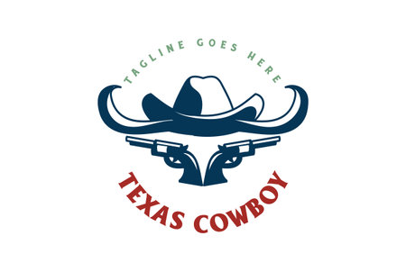 Texas Cowboy Hat with Longhorn Bull and Guns Badge Emblem Logo Designのイラスト素材