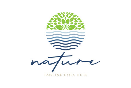 Circular Nature Green Leaf Plant Tree with Water Creek River Lake Logo Designのイラスト素材