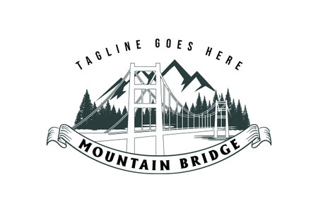 Vintage Retro Pine Spruce Fir Forest and Creek River Lake with Bridge Trestle Logo Designのイラスト素材