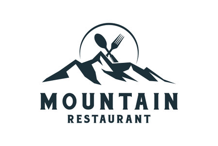 Vintage Retro Ice Rock with Mountain Crossed Spoon Fork for Kitchen Cook Eatery Restaurant or Food Catering Logo Designのイラスト素材