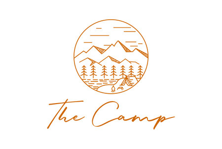 Pine Conifer Spruce Evergreen Fir Forest Mountain with Tent and Campfire for Outdoor Camp Logo Designのイラスト素材