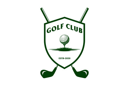 Crossed Golf Stick with Shield Ball and Tee for Course Sport Club Competition Logo Design Vectorのイラスト素材