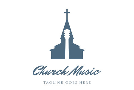 Church Chapel Silhouette with Guitar for Religion Music Song Logo Designのイラスト素材