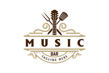 Retro Vintage Guitar with Crossed Fork and Spatula for Bar Cafe Music Badge Emblem Logo Designのイラスト素材
