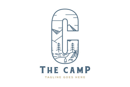 Mountain Forest Lake and Tent in Letter C for Camp Outdoor Adventure Logo Designのイラスト素材