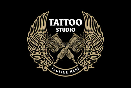 Vintage Retro Crossed Ink Tattoo Machine Wings Badge Emblem Label Logo Designのイラスト素材