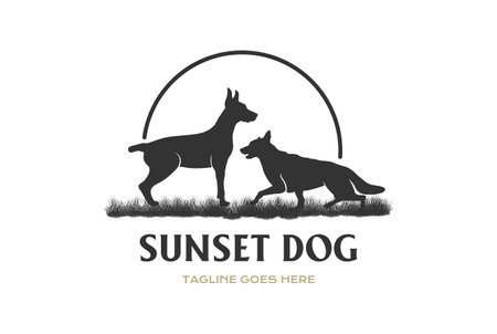 Sunset Sunrise Doberman Pinscher and German Shepherd Dog on Grass Logo Design Vectorのイラスト素材