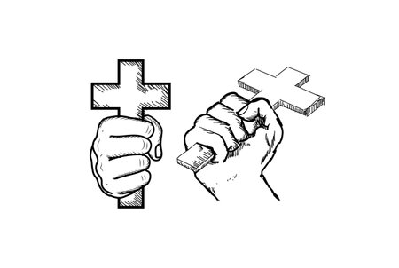 Hand Drawn Sketch Hand Hold Wooden Metal Jesus Christian Catholic Cross Illustration Vectorのイラスト素材