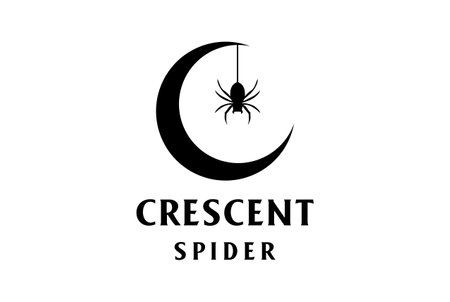 Simple Crescent Moon with Hanging Black Spider Widow Tarantula Silhouette Logo Designのイラスト素材