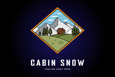 Ice Snow Mountain and Pine Evergreen Fir Forest with Lodge Cabin Chalet for Outdoor Travel Vacation Logo Designのイラスト素材