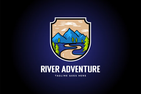 River Creek Mountain with Pine Fir Trees Forest Badge Emblem for Outdoor Hiking Camp Adventure Logo Designのイラスト素材