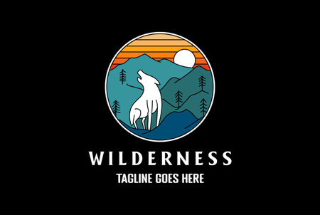 Circular Howling Wolf Line Outline style for Outdoor Adventure T Shirt Logo Design Vectorのイラスト素材