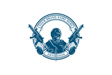 Elite Army Force Navy Soldier with Sub Machine Gun and Grenade for Military Badge Emblem Label Logo Design Vectorのイラスト素材