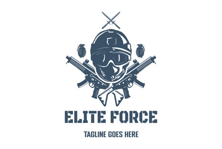 Elite Army Force Navy Soldier with Sub Machine Gun Grenade and Dagger for Military Badge Emblem Label Logo Design Vectorのイラスト素材