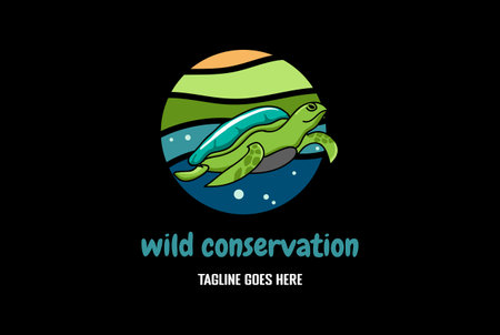 Sunset Sea Beach Wave with Swimming Turtle Tortoise for Travel or Conservation Logo Designのイラスト素材