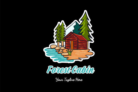 Ice Snow Mountain Pine Evergreen Spruce Fir Forest with Lake Creek River for Cabin Chalet Cottage Logo Designのイラスト素材
