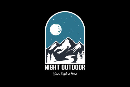 Night Sky Pine Evergreen Spruce Conifer Larch Cypress Fir Forest with Lake Creek River Badge Emblem for Outdoor Camp Adventure T Shirt Logo Designのイラスト素材