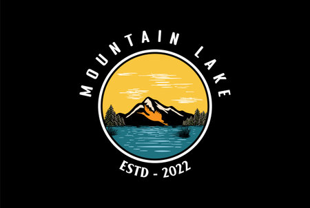 Sunset Mountain Pine Evergreen Conifer Fir Trees Forest with Lake River Creek and Flying Stork Heron Flamingo Logo Designのイラスト素材