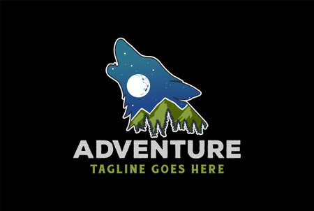 Night Sky with Mountain Pine Cedar Fir Forest in Howling Wolf Head for Outdoor Adventure Camp Logo Design Vectorのイラスト素材