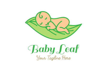 Adorable Cute Funny Baby Sleeping on Leaf Plant Tree Logo Design Vectorのイラスト素材