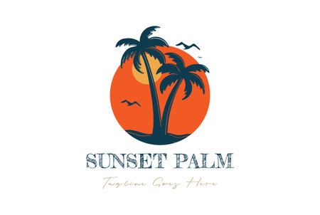 Circular Circle Sunset Beach Sea Wave with Palm Coconut Trees Island for Tropical Surf Travel Vacation Logoのイラスト素材
