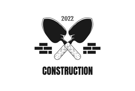 Vintage Cement Spoon Shovel Spade Scoop Trowel and Brick Wall for Builder Construction Logo Designのイラスト素材