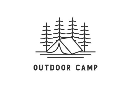Hipster Pine Cedar Spruce Conifer Hemlock Cypress Evergreen Fir Trees Forest with Tent for Outdoor Camp Scout Logoのイラスト素材