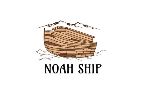Vintage Retro Wooden Noah Ark Ship Boat Vessel over The Hill Logo Designのイラスト素材