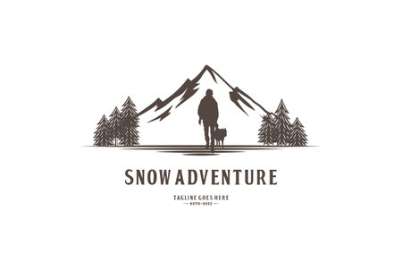 Walking Polar Hunter with Wolf Silhouette Vintage Rustic Hand drawn Logo designのイラスト素材