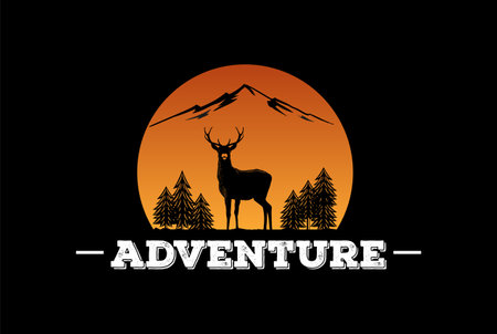 Sunset Sunrise Deer Antler with Pine Cedar Evergreen Conifer Cypress Larch Fir Trees Forest for Wanderlust Wilderness Outdoor Adventure Logoのイラスト素材