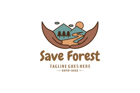 Hand Save Protect Mountain Creek River Landscape Panorama Logo Designのイラスト素材