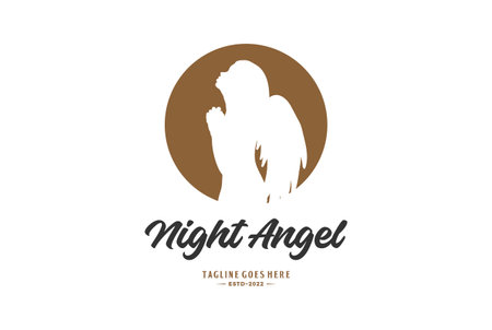 Moon Night with Praying Angel Girl Woman Lady Wings Silhouette Logo Designのイラスト素材