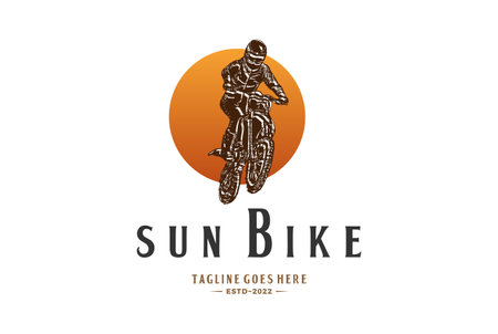 Vintage Sun Sunrise Sunset with Jumping Dirt Bike for Sport Race Club Competition Logo Designのイラスト素材