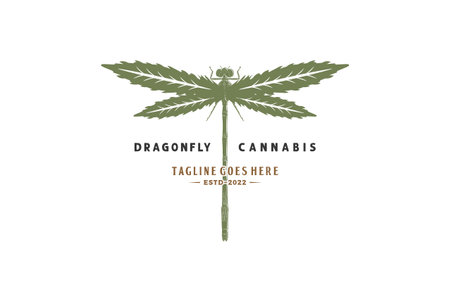Vintage Dragonfly with Cannabis Marijuana Ganja Leaf for Hemp CBD Oil Logo Designのイラスト素材