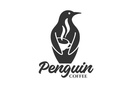 Vintage Penguins Silhouette with Coffee Cup for Cafe Logo Designのイラスト素材